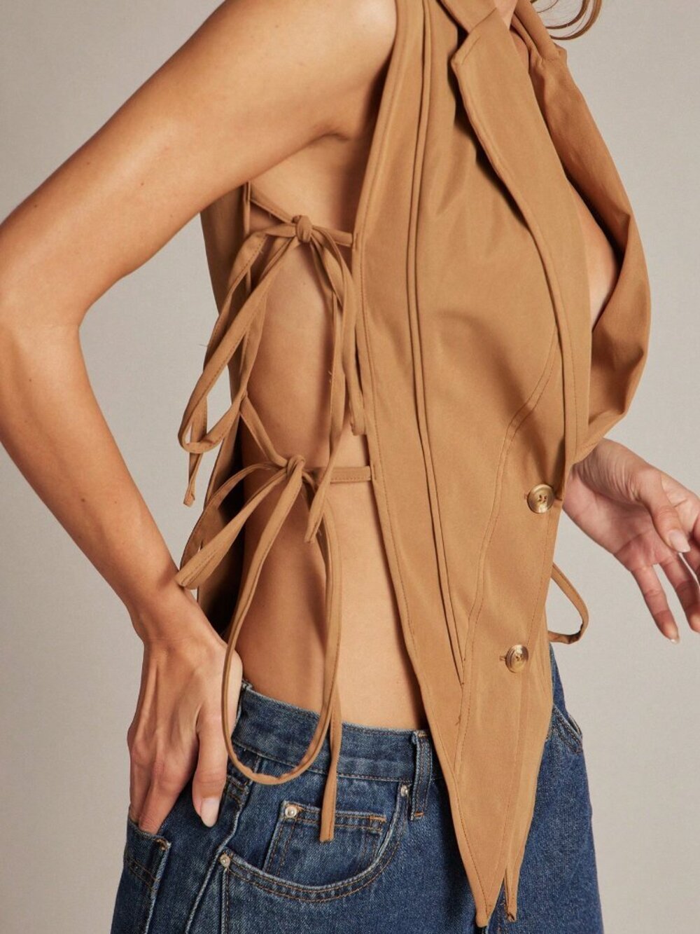 Khaki Casual Women's Sexy Deep V-Neck Front Button Side Tie Camisole - Picture 5 of 6